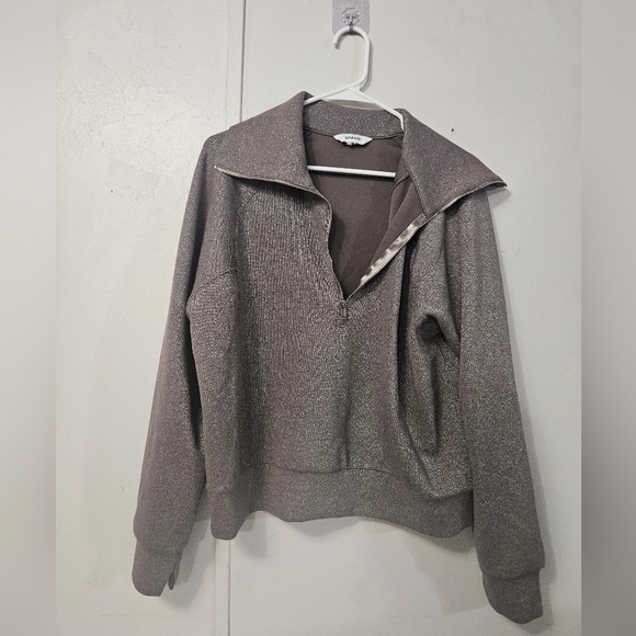 Spanx Metallic Gray Cropped Quarter Zip Sweatshirt - Picture 1 of 5